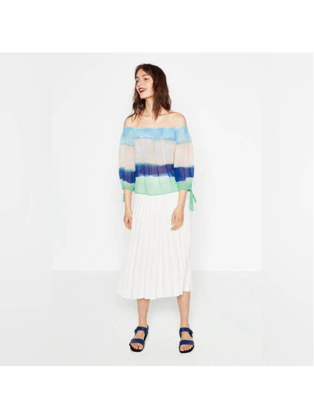 Zara Top Women Size Small Coastal Blue Green White Sheer Off-Shoulder 3/4 Sleeve